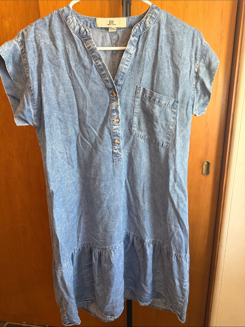 Denim Chambray Dress with Button Placket - Blue